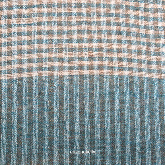 Wool Scarf Lightweight Checks Stripes Green Tan White - Picture 4 of 14